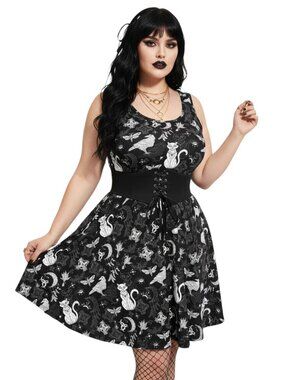 Whimsigoth Witchy Cat & Celestial Moon Dress | Plus Size Fit and Flare Skater